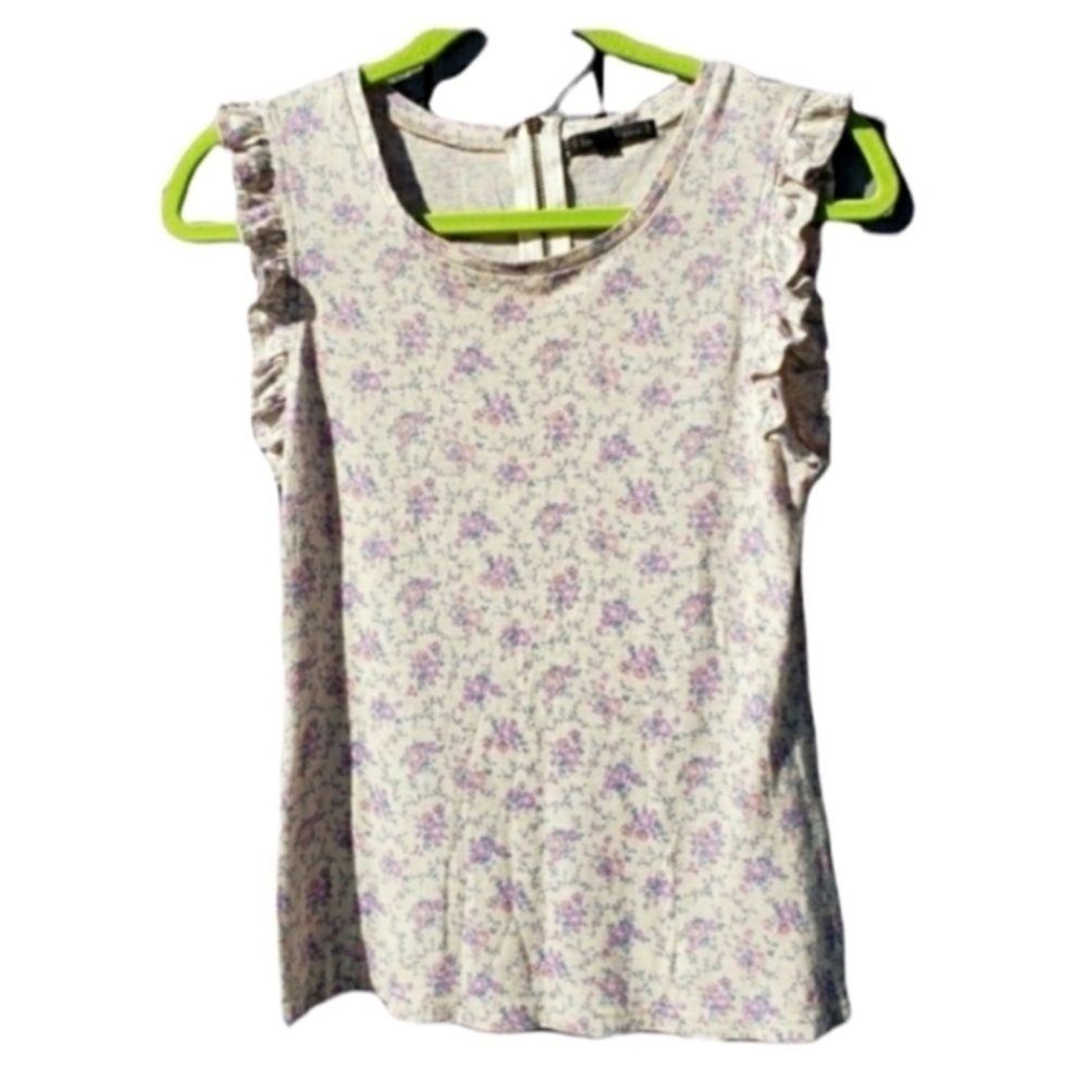 Luca Couture Floral Ruffle Sleeve Zipup Blouse Top Cottage Core Tunic Small‎
